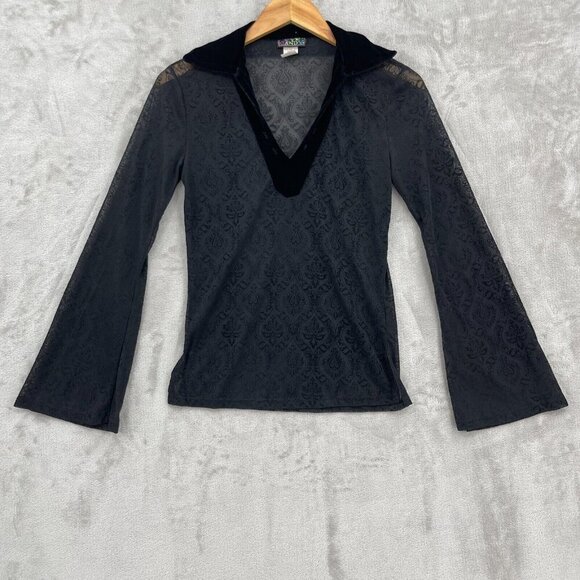 Vintage 90s Sheer Velvet Burnout Bell Sleeve V-Neck Top Hippie Goth - Picture 7 of 10